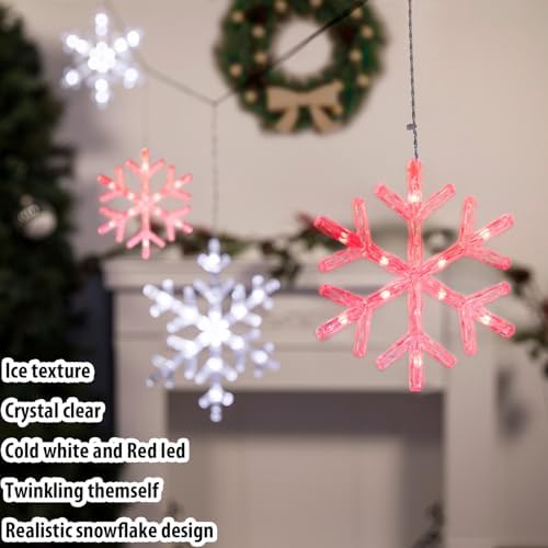 Christmas Snowflake Icicle Lights-9ft 150LED Twinkling Christmas Lights with Timer, Waterproof Connectable Hanging 10 Drop for Eave Window Porch Xmas Indoor Outdoor Decoration (Red and White) - Image 3