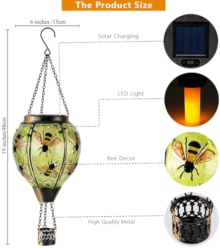 Starsoul Hot Air Balloon Solar Lantern Bee Glass Hanging Outdoor Hot Air Balloon Solar Flickering Flame Light Waterproof Garden Patio Yard Party Decorations - Image 3