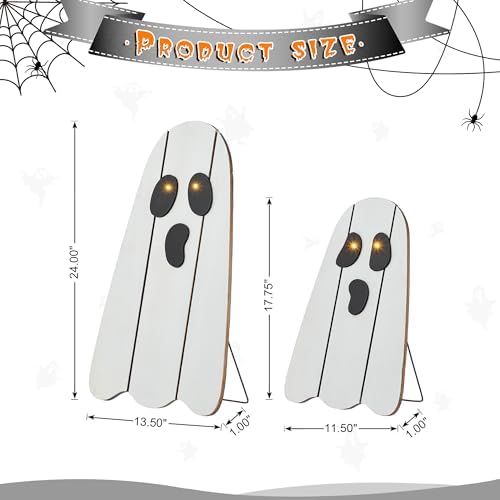 Glitzhome Set of 2 Halloween Lighted Wood Ghost Porch Decor - 24" H & 18" H Handcrafted Solid Wood Ghost Signs with Metal Display Stand for Farmhouse, Front Door Outdoor Yard Halloween Decorations - Image 3