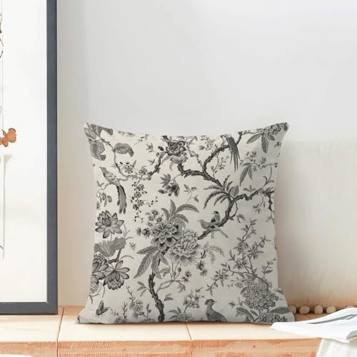CXMEIFLY Spring Floral Birds Pillow Covers 20 x 20 Inch Set of 2 for Chinoiserie Flowers Decor Throw Pillows Black and White Plant Outdoor Decorative Cushion Cases for Couch Bed Decorations - Image 3