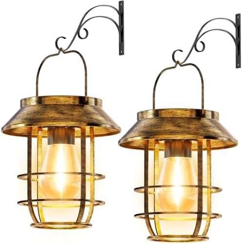 2 Pack Solar Lanterns Outdoor Waterproof, Retro Metal Hanging Lantern by AHAORIGIN