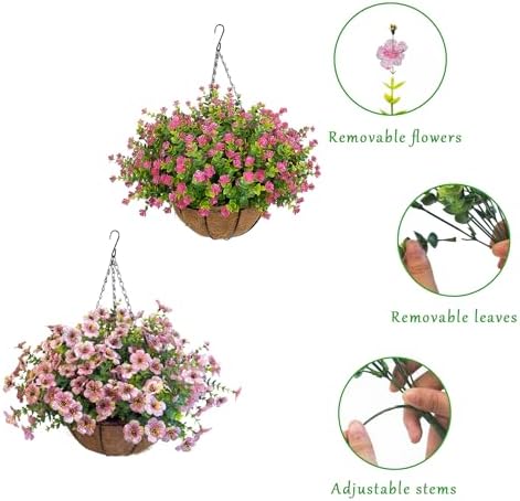 Artificial Hanging Plants Flowers with Basket 2 Packs, Artificial Hanging Flowers for Outdoors, Faux Hanging Plants Outdoor, Pink Fake Flowers, Pink&Pink - Image 3