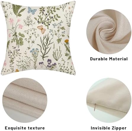 Sage Green Pillow Covers 18x18 Inch 2 Pcs Spring Green Wild Flower Decor Throw Pillows Vintage Floral Botanical Seasonal Summer Outdoor Decoration Pillowcase Linen Cushion Cover for Couch Sofa - Image 7