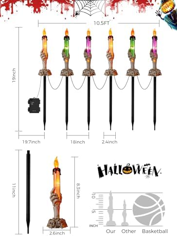 Halloween Decorations, 2 x 6 Pack Skeleton Hands Hold Lighted Candle Stakes, Waterproof Battery Operated Pathway Decor with Timer, Light Up for Tabletop Indoor Outdoor Party Lawn Yard Garden - Image 5