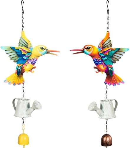 Metal Hummingbird Hanging Decor, Bird Wind Chime Bell Hanging Decor for Outdoor Garden Yard Doors Walls Living Rooms Bedrooms, 2 Pack (Bird-c-Kettle) by SUNREEK