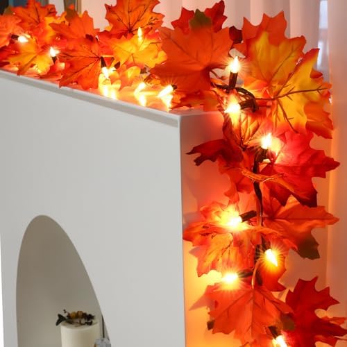 Fall Decorations Lighted Fall Garland, 9FT 50 Count Incandescent Lights Brown Wire UL Certified Connectable Maple Leaves String Lights for Home Party Fireplace Mantle Thanksgiving Decor (Orange, 9FT) - Image 3