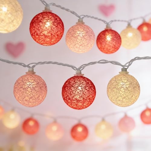 Red Pink and White Cotton Ball String Lights, 8.5Ft Valentine's Day Plug in Fairy Lights with 10 LED Colored Cotton Ball Bulbs, Hanging Globe Cozy Lighting for Girls Bedroom Party Birthday Home Decor by Kivonfa