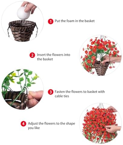 HyeFlora Artificial Hanging Flowers Basket for Outdoor, Fake Flowers Faux Plants Look Real for Yard Gardens Porch Patio Home (Red) - Image 5