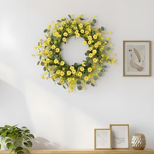 Pinkpum 22" Daisy Eucalyptus Wreath for Front Door, Artificial Spring Summer Floral Wreath for Front Door, Home Farmhouse Wedding Wall Window Decor - Image 5