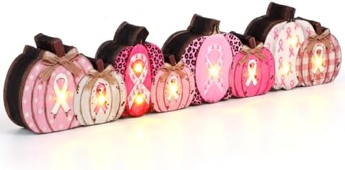 Yousoontic Breast Cancer Awareness Table Decorations, Light up 3D Wooden Pumpkin Table Centerpiece, LED Pink Ribbon Pumpkin Decor, Rustic Farmhouse Sign for Pink October Fall Mantel Desk Home Party by Yousoontic