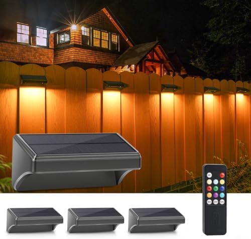 VOLISUN Fence Lights Solar Powered with Remote 4 Pack, Warm White, Cool White and RGB Color Glow LED Solar Lights Outdoor, Dusk to Dawn Solar Fence Lights for Patio, Backyard, Railing, Deck, and Wall by VOLISUN