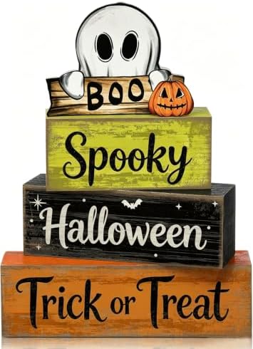4 Pcs Halloween Tiered Tray Decor Wooden Stacked Block Signs, Rustic Ghost Boo Pumpkin Spooky Trick or Treat Table Decor for Home Kitchen Shelf Mantel Party by ZOMPAKER