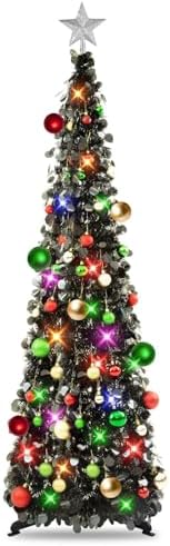 N&T NIETING Pop Up Black Tinsel Christmas Tree, 5Ft Collapsible with Lights & 30 Balls, Skinny Christmas Tree Decor for Holiday Xmas Home Office by NTNIETING