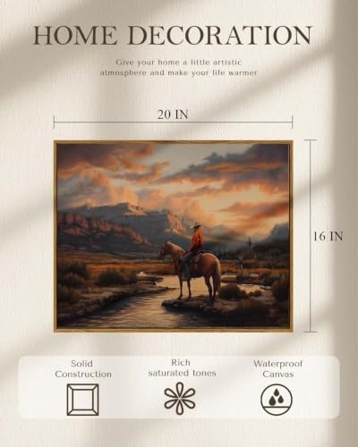 Western Cowboy Framed Canvas Wall Art 16x20 Inch, Horse Rider at Sunset Print Rustic Mountain Landscape Painting, American West Country Home Office Bedroom Wall Decor - Image 5