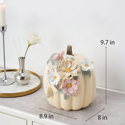 DiliComing Fall Pumpkin Décor Halloween Decorations - 9 Inch Creamy White Resin Pumpkins for Decorating Handmade Floral Carvings for Mantel Tabletop Shelf Indoor Outdoor Autumn Thanksgiving Gifts - Image 3