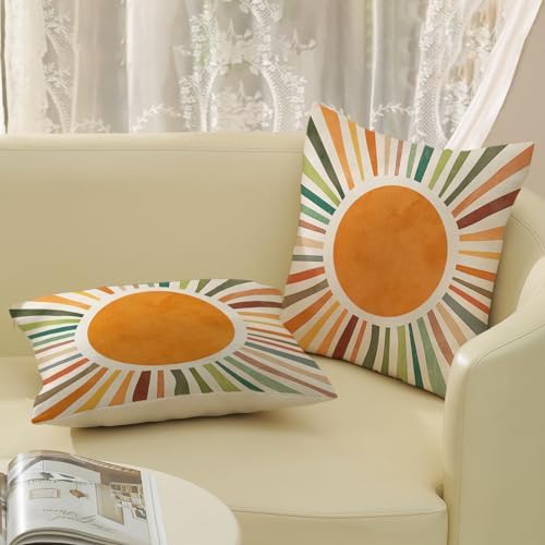 Summer Pillow Covers 20x20 Set of 2, Boho Sun Throw Pillows Stripes Yellow Green Orange Sunshine Decorations Watercolor Rainbow Pillow Cases Linen Outdoor Decor Cushion Case for Home Sofa - Image 5