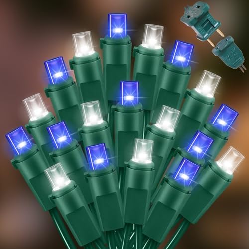 LAMPHOME Blue White Christmas Lights Outdoor, 21.6FT 100 Led Plug in Mini Fairy String Lights Green Wire,Waterproof Christmas Tree Light for Indoor Outside Bedroom Party Wedding Independence Day by ULL