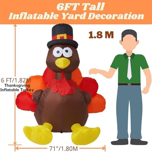 Thanksgiving 6FT Inflatable Turkey with Pilgrim Hat Yard Decoration - LED Light Up Blow Up Turkey for Outdoor Indoor Lawn Thanksgiving Yard Decorations and Autumn Holiday Family Party Display - Image 2
