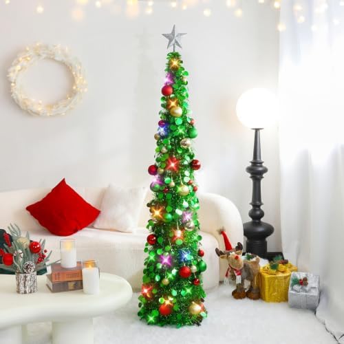 N&T NIETING Pop Up Christmas Tree with Lights & 30 Balls, 5Ft Collapsible Green Tinsel Christmas Tree Decoration for Holiday Xmas Home Office Decor - Image 5