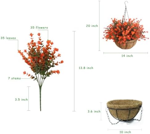 Artificial Hanging Flowers Basket, 12 UV-Resistant Bundles of Realistic Fake Flowers, Faux Plants for Outdoor Decor, Home, Garden, Porch, Patio, Spring & Summer Decorations, Orange-Green - Image 2