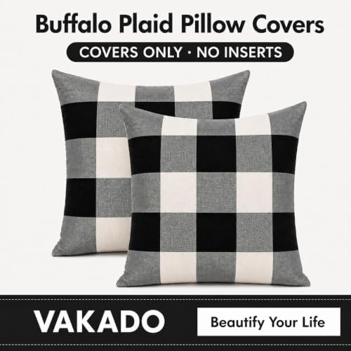 VAKADO Outdoor Plaid Throw Pillow Covers 18x18 Set of 2, Black & White - Image 3