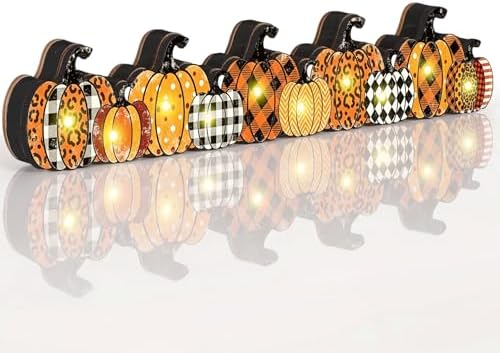 Yousoontic Fall Pumpkin Decor, LED Lighted Fall Table Centerpieces, Retro Plaid Leopard Wooden Pumpkin Sign Decorations 3D Block Farmhouse Decor for Autumn Harvest Thanksgiving Home Mantel Party by Yousoontic