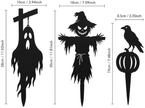 Set of 3 Halloween Scarecrow Ghost Raven Garden Stakes, 12 Inch Yard Art Sculpture, Outdoor Lawn Ornament for Patio, Porch, Backyard Decor (Black) - Image 6