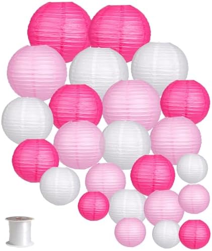 24pcs Hanging Round Paper Lanterns Pink Party Decorations by zilue