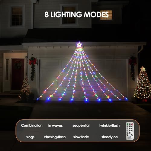 WBao Outdoor Christmas Decorations with 12" Star Topper, 344 LED 11.9ft Waterfall Christmas Lights with Remote Control, 8 Modes, 3 Timers, UL Listed, Waterproof for Tree Roof Porch Decor, Multicolor - Image 2