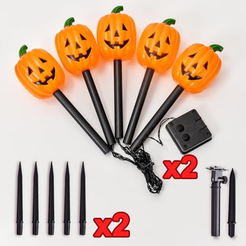 BRIGHTDECK Halloween Pumpkin Stake Lights, Set of 10 Decorative Solar Pumpkin Lights, Waterproof Halloween Decorations for Outdoor Garden and Yard - Image 3