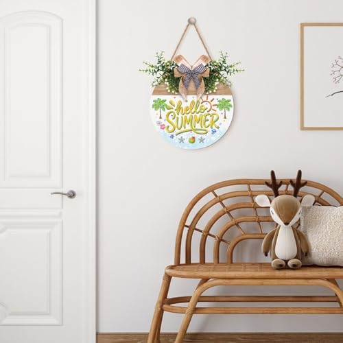 Hello Summer Door Sign Hanger Beach Theme Front Door Wreaths for Office Coastal Summer Wooden Hanging Signs Porch Wall Decorations for Outdoor Garden - Image 6