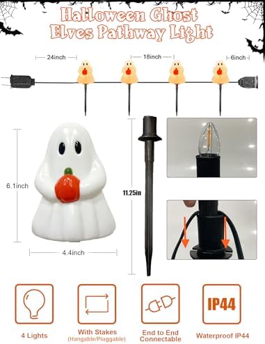 Halloween Ghost Pathway Lights Outdoor, 7Ft C7 Halloween Decorations Pathway String Lights with 4 Elves Holding Pumpkin Walkway Lights Waterproof, Plug-in Night Lights for Porch Yard Patio Garden - Image 2
