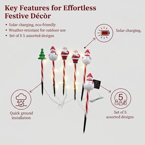 Solar Christmas Pathway Lights - 5 Designs (Star, Snowflake, Santa, Bell), Auto On/Off, Waterproof Warm White LED Color Stake Lights for Garden Yard Holiday Party Décor (Combination) - Image 3