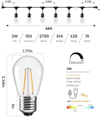 Svater 48 FT Outdoor String Lights 2W Commercial Grade Waterproof S14 ETL - Image 2