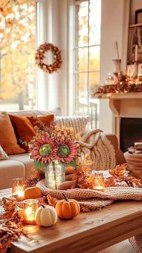 Silk Sunflowers Artificial Flowers with Mason Jar Centerpiece for Table Orange Red Fall Flowers in Vase Fall Floral Arrangement with Vase Thanksgiving Centerpiece for Dining Room Table Autumn Decor - Image 5