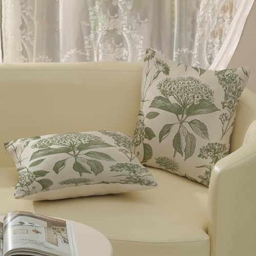 Sage Green Pillow Covers 22x22 Inch 2 Pcs Boho Vintage Floral Decor Throw Pillows Hydrangea Flower Seasonal Outdoor Farmhouse Neutral Accent Decoration Pillowcase Linen Cushion Cover for Sofa - Image 4