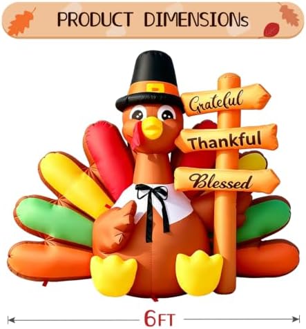 6FT Thanksgiving Inflatables Turkey, Fall Blow up Colorful Tail Turkey with Grateful Thankful Blessed Sign, Decorations Outdoor Built-in LED Lights Yard Autumn Harvest - Image 4