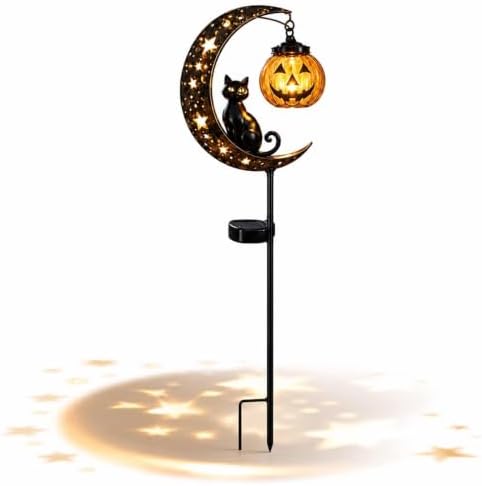 Solar Halloween Black Cat Garden Stake Light – Metal Crescent Moon & Pumpkin Lantern Yard Decor, Auto On/Off Waterproof LED Landscape Lighting for Patio Lawn Pathway (A) by Unknown