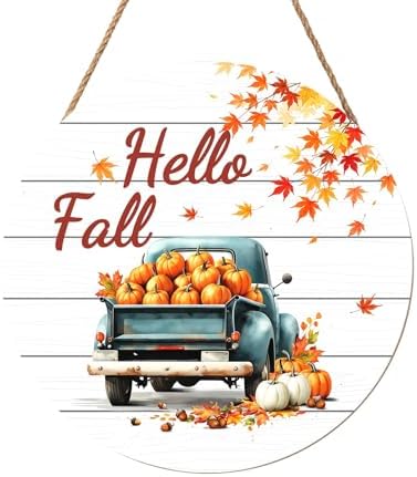 Hello Fall Wreath for Front Door Fall Truck Welcome Door Sign 12x12 Inch Autumn Maple Leaf Pumpkin Wood Door Hanger Farmhouse Thanksgiving Hanging Plaque for Home Porch Wall Indoor Outdoor Decorations by welcometoourhome