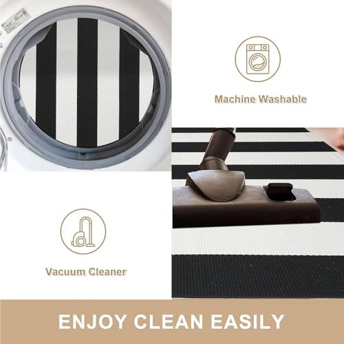 Striped Rug Outdoor Porch Rug Black and White 3'x5' Washable Layered Outdoor Doormat Front Door Mat Cotton Striped Outdoor Rug for Front Door Entryway Patio Laundry Kitchen - Image 5
