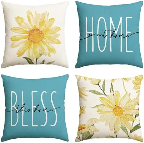 AVOIN colorlife Home Sweet Home Spring Summer Flowers Yellow Throw Pillow Covers, 20 x 20 Inch Blue Cushion Case for Sofa Couch Set of 4 by AVOINcolorlife