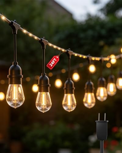 Outdoor String Lights With Lighted Tubing 24 ft, Commercial Grade String Lights with 13 (12+1spare) S14 Edison Bulbs & 72-LED Lighted Tubing, IP65 Waterproof Bistro Light for Patio, 2700K Warm White by BeatiNeonLighting