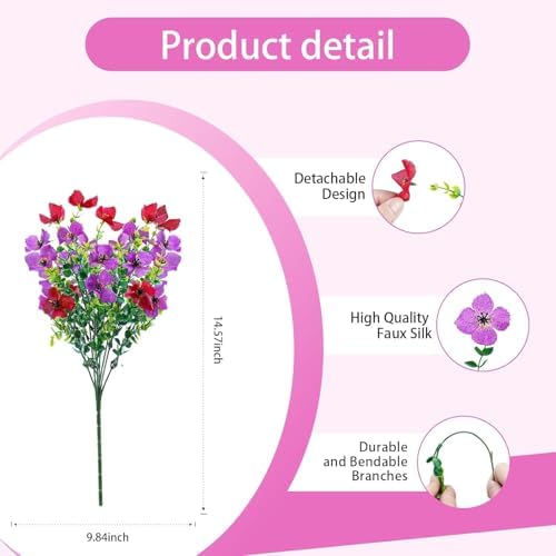 Artificial Faux Plants Flowers Outdoor Spring Summer Decoration, 12 Bundles Fake Silk Colorful Daisy Eucalyptus Realistic UV Resistant for Outside Home Planter Porch Patio Yard Decor (Red Purple) - Image 2