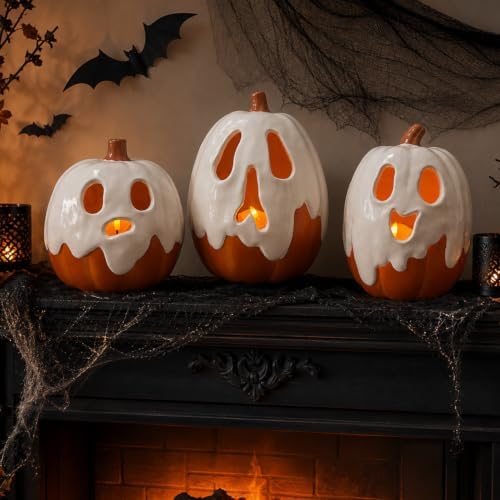 Halloween Decorations - 11" H Resin Ghost Pumpkin with Flameless Candle for Indoor Outdoor - Cute Spooky Decoration Tables Centerpieces Halloween Decor for Porch Home Front Door Mantel - Image 4