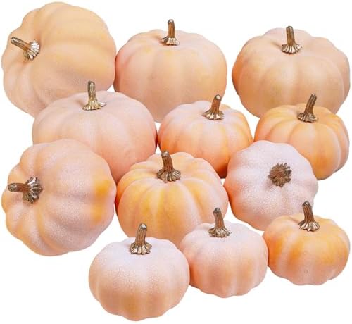Winlyn 12 Pcs Harvest Orange Artificial Pumpkins Fall Faux Pumpkins Light Orange Decorative Pumpkins Fake Foam Pumpkins for Thanksgiving Party Halloween Autumn Wedding Centerpiece Table Wreath Décor by Winlyn