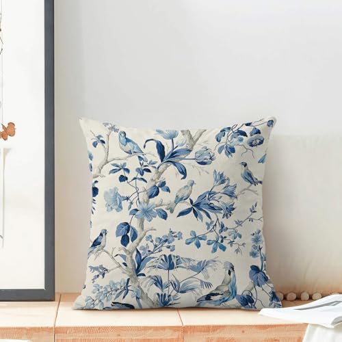 CXMEIFLY Navy Blue Spring Floral Pillow Covers 16 x 16 Inch Set of 2 for Chinoiserie Flowers Bird Decor Throw Pillows Vintage Plant Outdoor Decorative Cushion Cases for Couch Bed Decorations - Image 3