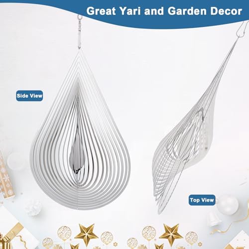 Wind Spinner Flowing-Light Effect Courtyard Decorations Made of Stainless Steel House Hanging Decoration 12“x 8“ Spinners with a 360° Rotating Hook (2 pcs Water Drop-Silver) - Image 6