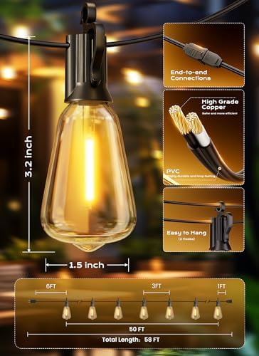 Brightown Outdoor String Lights, 50FT 18+1 LED ST38 LED Patio Lights Shatterproof, Dimmable IP65 Waterproof Connectable Hanging Outdoor Light for Backyard, Porch, Deck, Balcony - Image 7