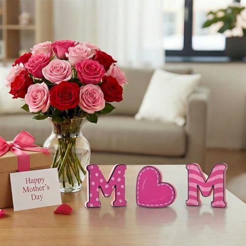 Smile 4 Pcs Wooden Decor Mother's day Indoor Decorations, Mom Heart - Shaped, Pink Table Centerpieces for Home Kitchen - Image 6