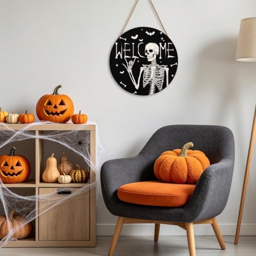 Halloween Skull Welcome Door Sign 12x12 Inch Halloween Wreaths for Front Door Spooky Skeleton Welcome Sign Rustic Wooden Holiday Decor for Front Porch Window Wall Farmhouse Indoor Outdoor - Image 4